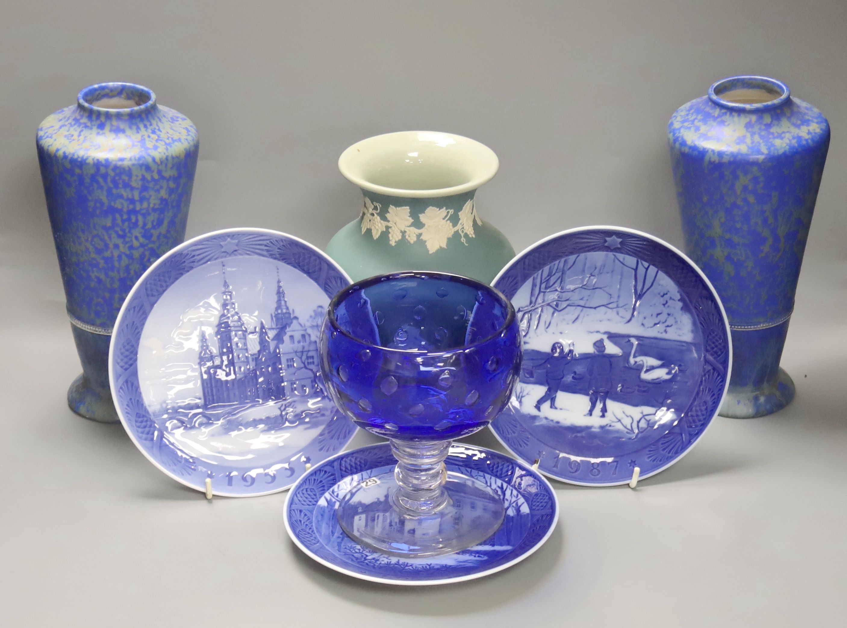 A pair of Bretby blue and green glazed vases, 24cm high jasperware vase, a blue overlay glass and three Royal Copenhagen plates, etc.